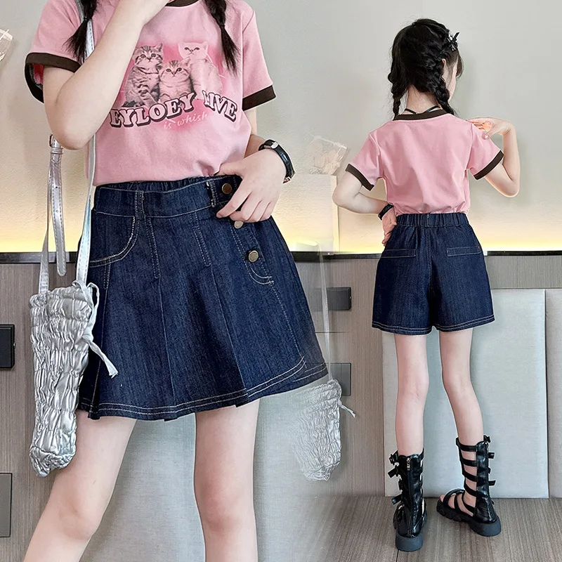 

Summer 2024 New Teenager Girls Denim Pleated skirt jeans short button pants Children's kids thin fashion culottes 4 to 12 years