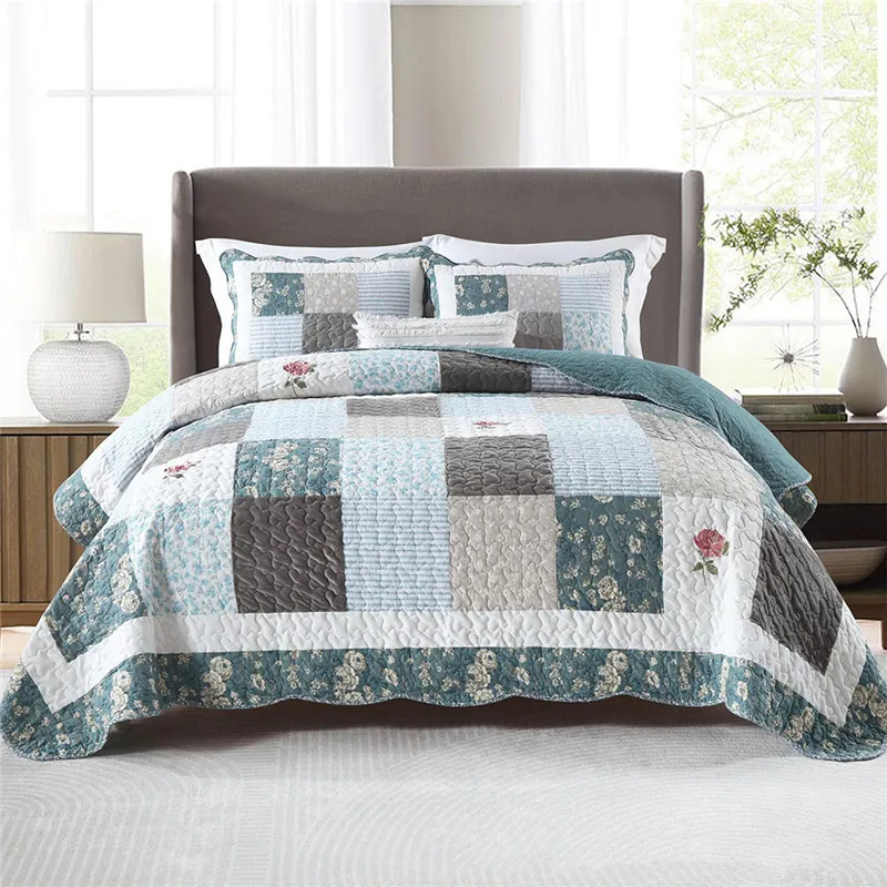 

Plaid Cotton Quilt Set 3pcs Bedspread on the Bed Pastoral Patchwork Coverlet Queen Size Blanket in Bedroom Quilted Bed Cover Set