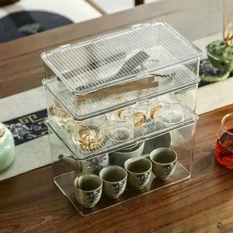 Transparent Tea Set Storage Box Dustproof Cup Organizer Desktop Arrangement Rack Clear Plastic Cup Storage Container