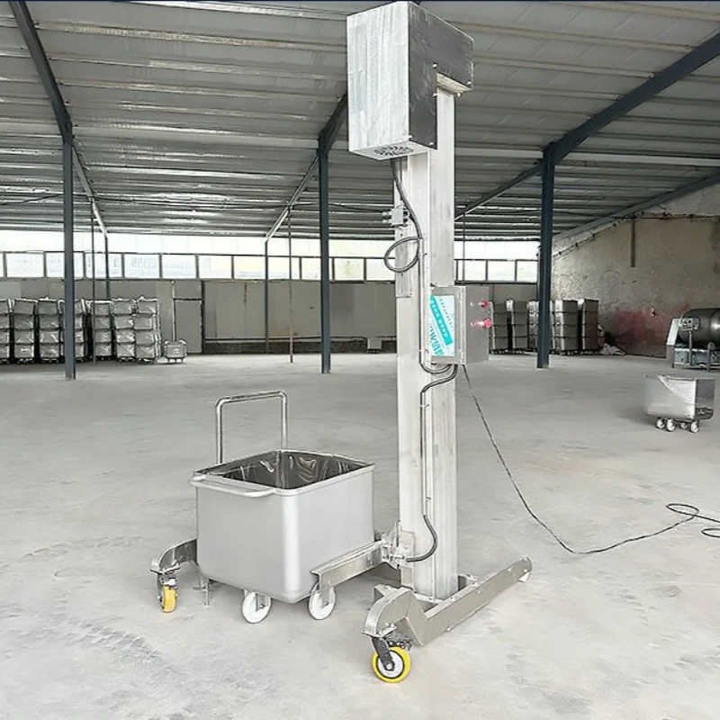 SUS304 200L Column-lift Meat Trolley Tipping Elevator Food Transfer Ladder Skip Cart Hoist Meat Bin Lifter Machine