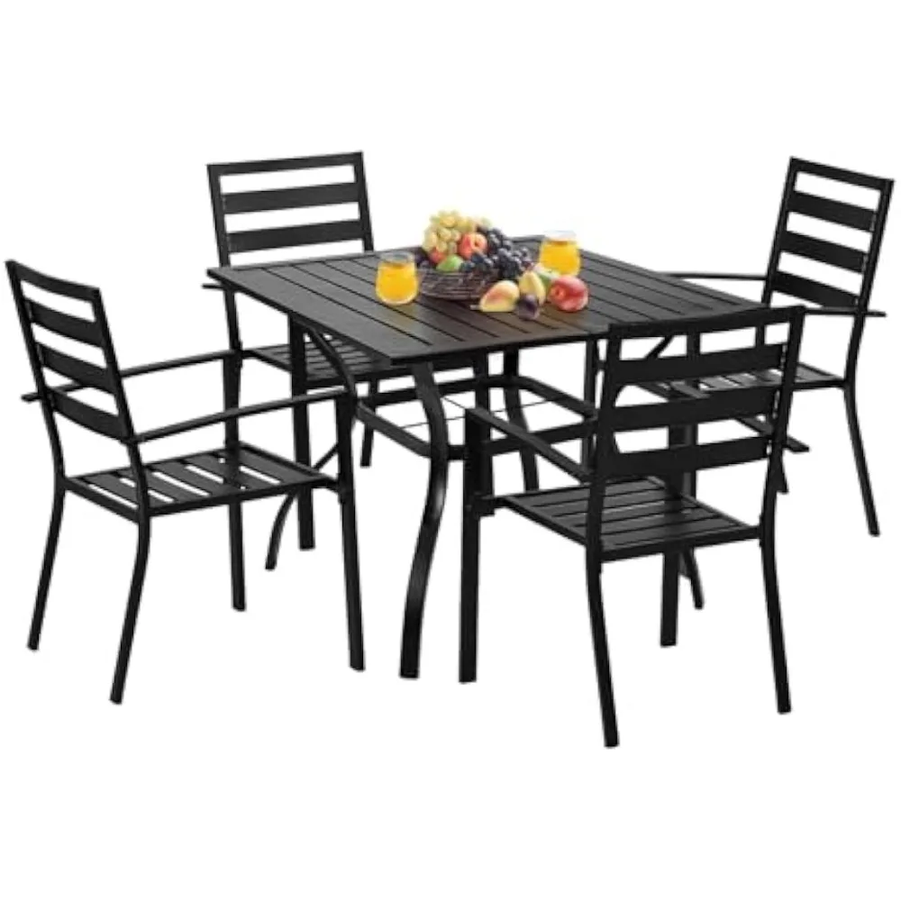

5-Piece Outdoor Dining Set, Metal Patio Dining Set for 4, Square Dining Table with Umbrella Hole & 4 Stackable Patio Chairs for