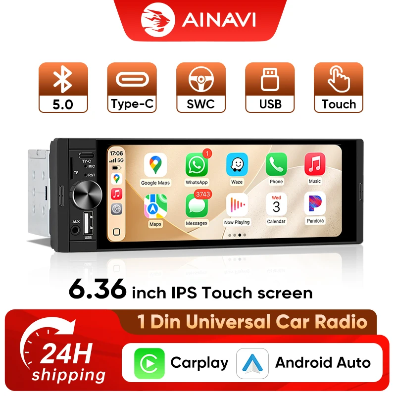 AINAVI 6.36-calowy ekran IPS 1Din Bezprzewodowy Carplay Android Auto Radio Samochodowe MP5 Odtwarzacz Stereo Bluetooth SWC FM USB TF Ładowanie Type-C