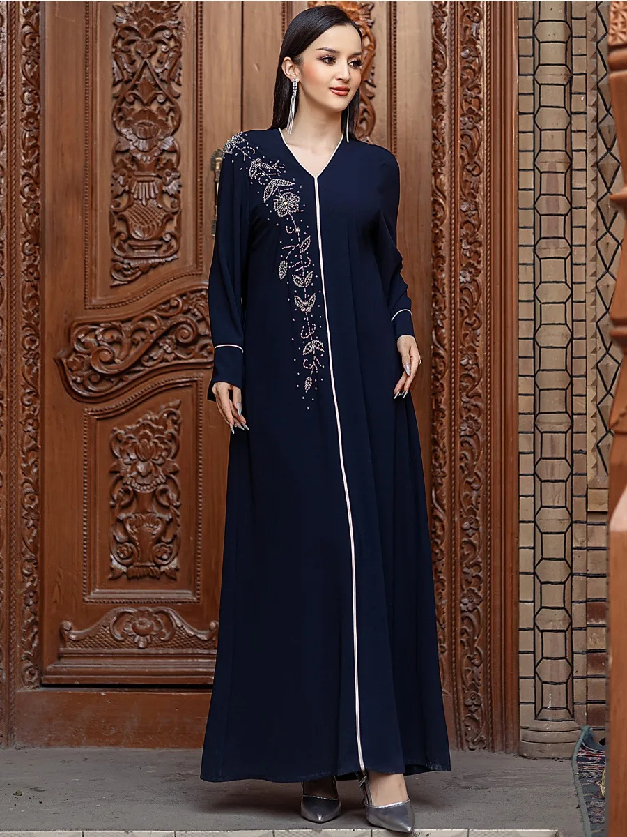 

Muslim Dress for Women Abaya Party Dresses Eid V Neck Diamond Elegant Jalabiya Arab Vestidos Long Robe Morocco Ramadan Kaftan