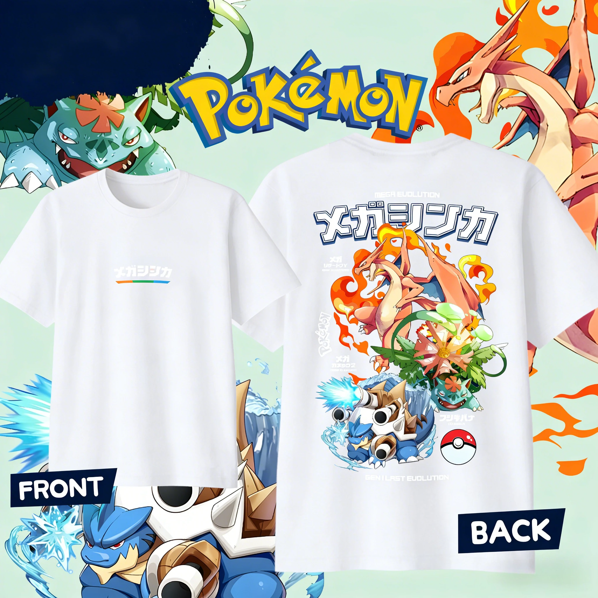 Bandai Pokémon Mega Evolution Pure Cotton T-shirt 2026 Summer Kids/Men's/Women's Fashion Casual Cosplay Short Sleeved T-shirt