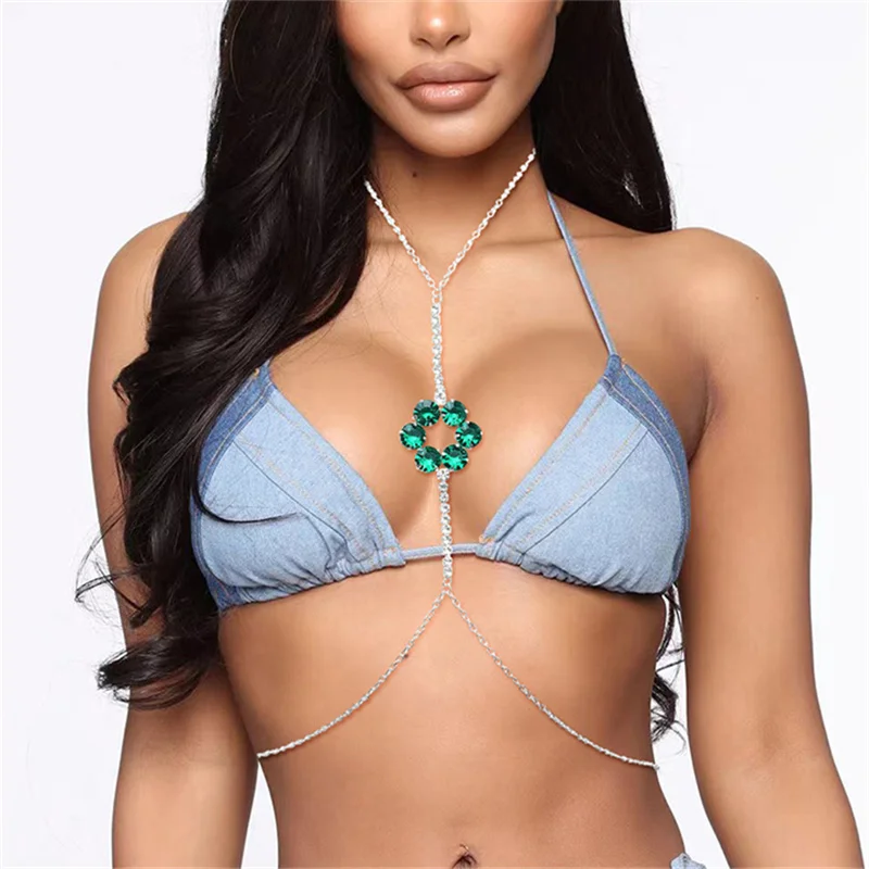 Simple Fashion Rhinestone Bra Necklace Summer Beach Party Ultra Flash Green Crystal Flower Form Body Chain Chest Chain Jewelry