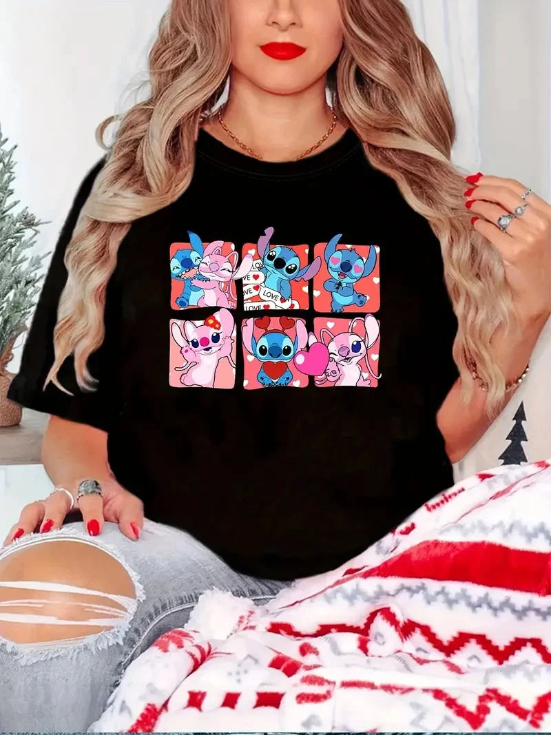 

2025 Disney Pattern Printed Women's Casual Comfortable Unique Smiling Face Black Round Neck Short Sleeve T-shirt