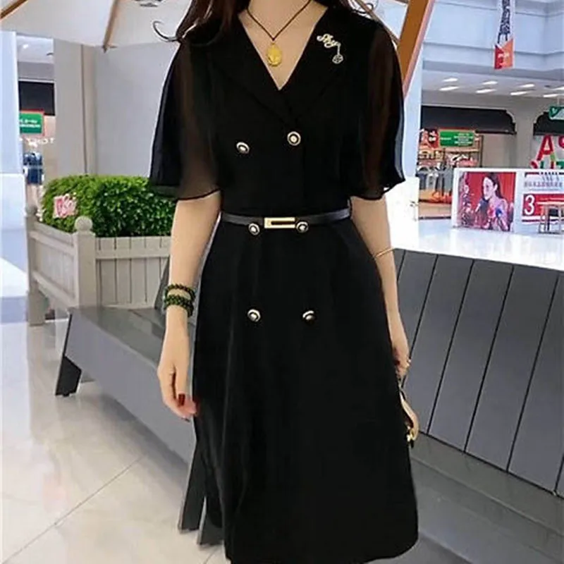 2023 Temperament Fashion Dress Women's Summer New Korean Version Slim Bat Sleeve Panel Mesh Suit Dress Trend