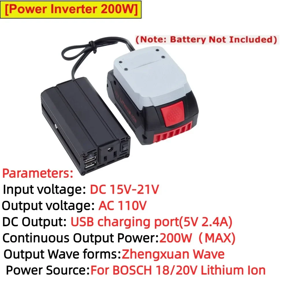 

200W Portable Power Inverter for BOSCH 18/20V Battery ,DC 15V-21V To AC 110V Powered with USB 5V 2.4A for UK EU AU（No Battery）