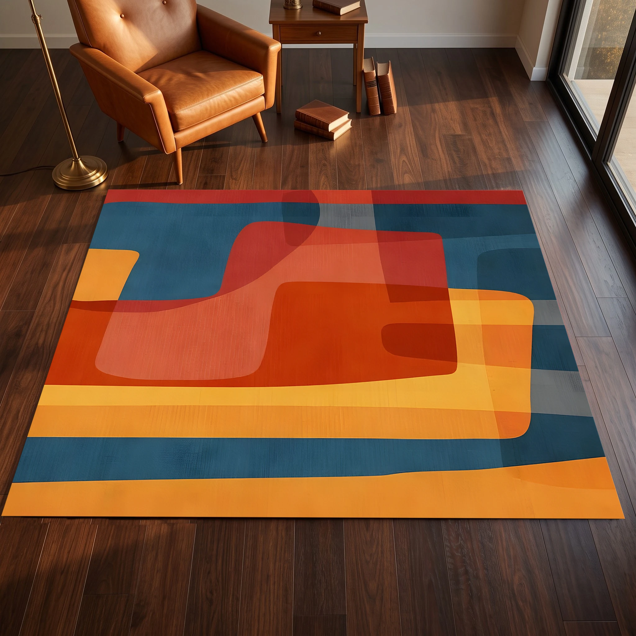 2D Large Carpet Orange Blue Color Block Irregular Geometric Abstract for Living Room Bedroom
