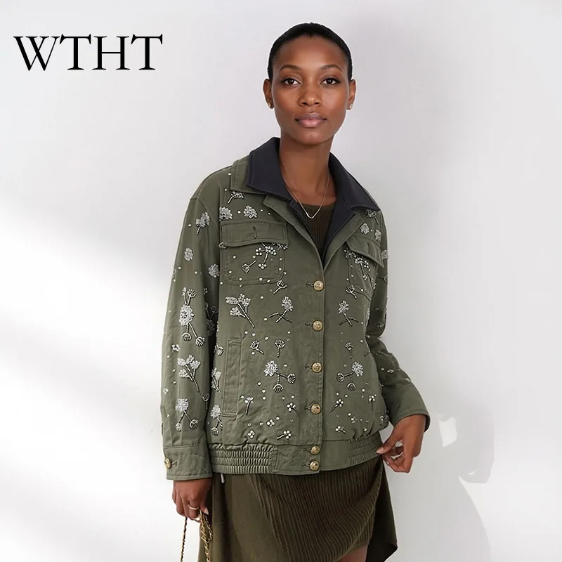 WTHT Vintage Women Beaded Flower Stretchy Hem Design Coat New Summer 2026 Double-layer Lapel Big Pockets Jacket Female 1LS3189