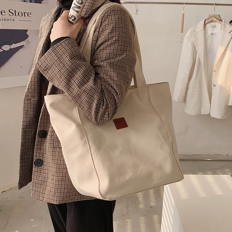 

Large-capacity Female Fashion Canvas Shoulder Bag Simple Student Class Bags Zipper Portable Shopping tote Bag