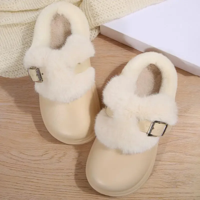 Wasserdichte EVA-Clogs mit dicker Sohle und Fellbesatz für Damen, Winter 2026, mit Metallschnalle, flauschige Outdoor-Hausschuhe, warme Plüsch-Pantoffeln für Frauen – Detail 15