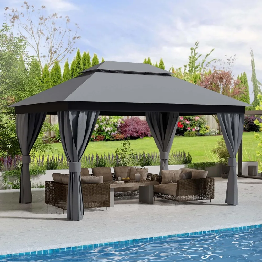 

Альтанка для патио на открытом воздухе - беседки для вечеринок с двойными крышками и москитной сеткой и экранами для конфиденциальности, сверхпрочная сталь для Backya