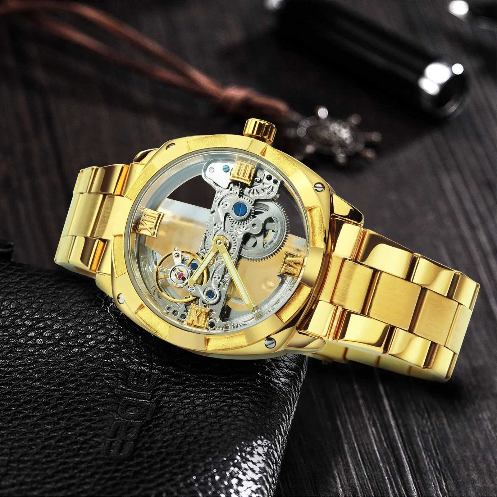 Forsining Watch Men Single Bridge Transparent Watches Luxury Gold Stainless Steel Tourbillon Automatic Mechanical Wristwatches