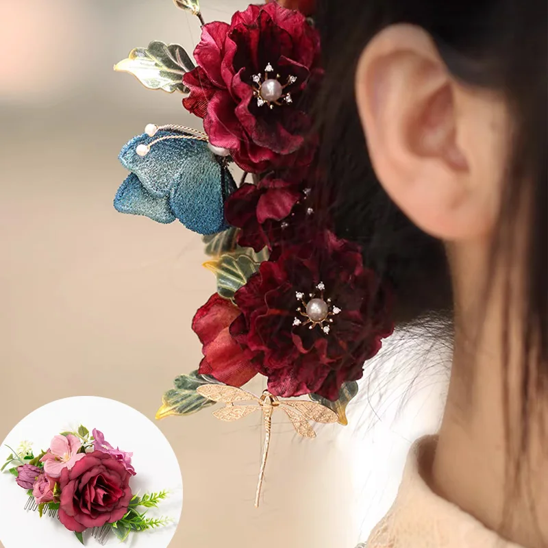 Elegant Wedding Bride Hairpin Hair Clips Women Bridal Hair Accessories Rattan Floral Hair Combs Forks Hairband Jewelry Hairstyle