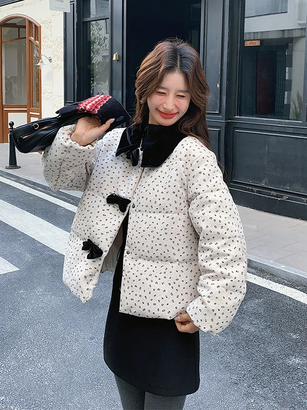 Veste d'extérieur décontractée pour femme, en duvet, à nœuds uniques, couleur blo floral, coupe ample, blanche, duvet