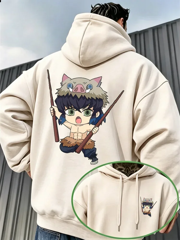 Anime Wild Boar Mask Character Hoodie Unisex Front Back Print Sweatshirt Cartoon Warrior Graphic Casual Streetwear Pullover Tops