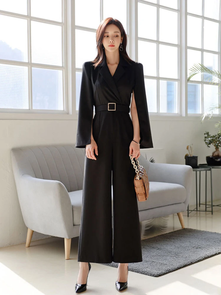 Fashion Wide Leg Loose Jumpsuit Women Elegant Lady Retro Temperament Open Sleeve Belt High Waist Chic Formal One Piece Rompers