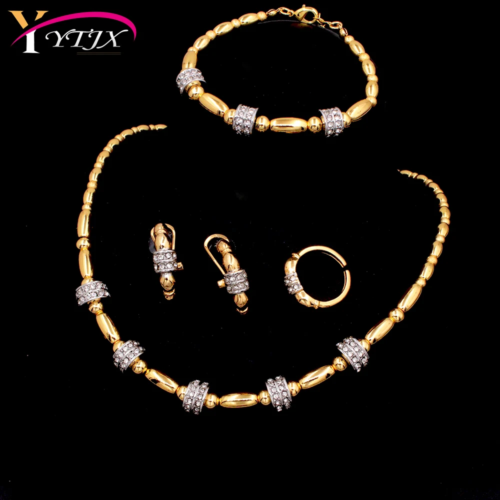 

YTJX 4 Pcs Bohemia Chain Jewelry Set 18K Gold Color Charms Bracelet Necklace Shiny Zircon Earring Ring For Women Wedding Gifts