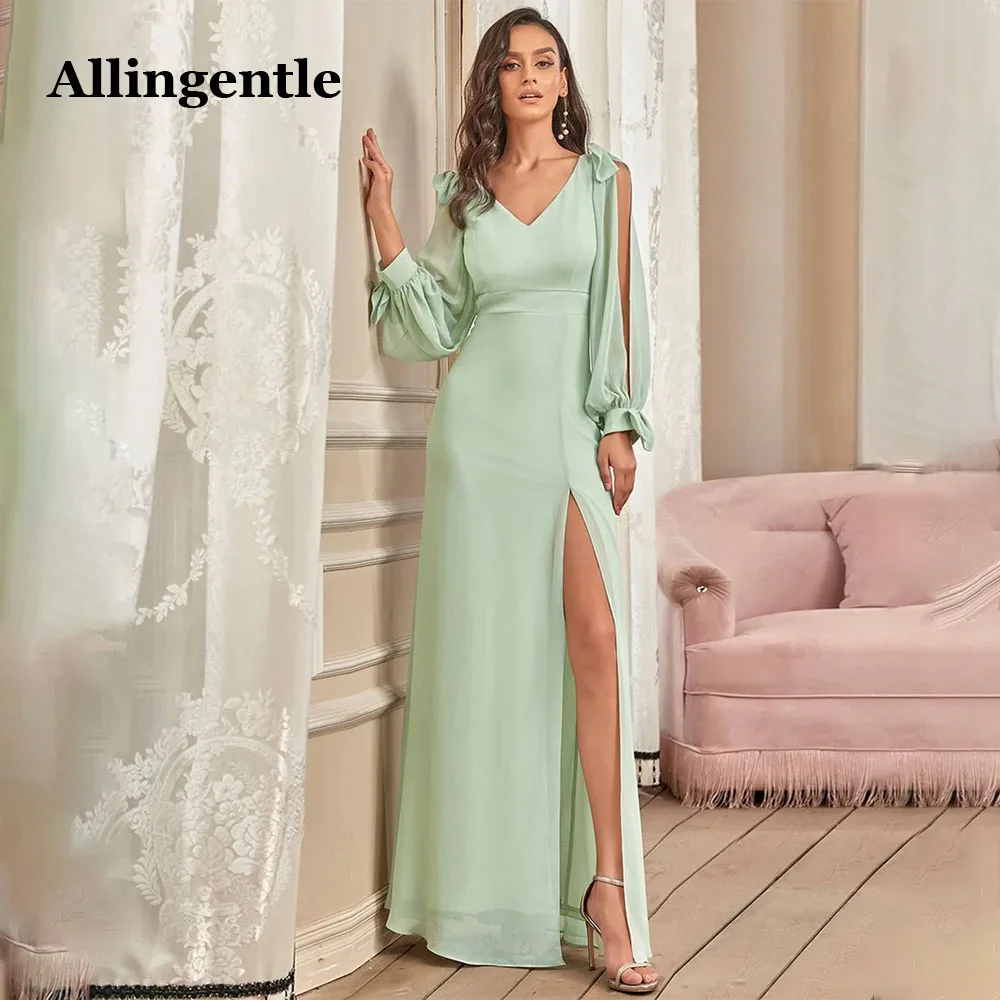 

Allingentle Mint Green Bridesmaid Dress V-Neck Full Sleeves Side Slit Elegant Maxi Gown 2023 Chiffon Evening Formal Dress Custom