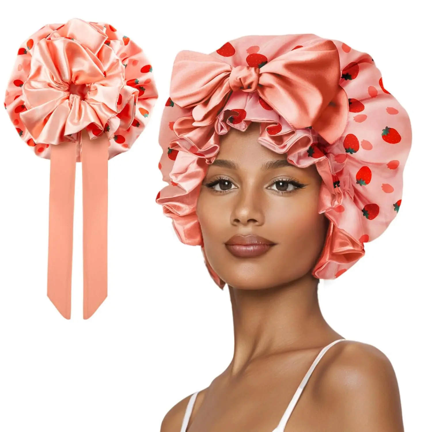 

Silk Bonnet for Sleeping Women, Satin Hair Shower Cap with Adjustable Straps and Tie Band for Curly Hair Care