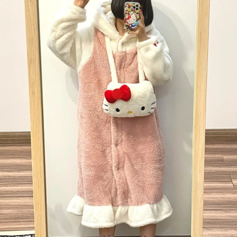 Carino nuovo Hello Kitty Robe e pantaloni femminile inverno peluche 2 pezzi pigiama Set addensato peluche caldo Casual Homewear camicia da notte