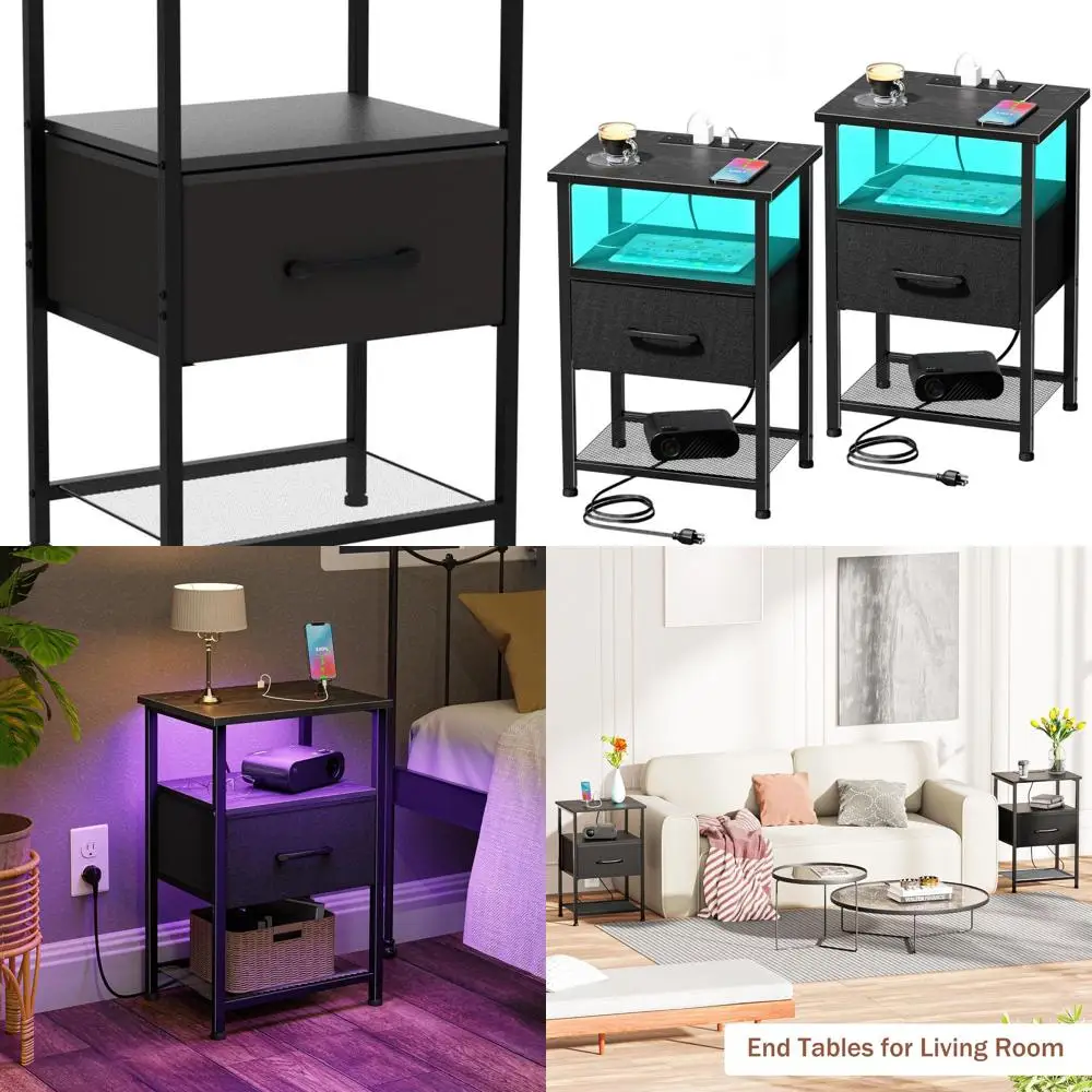 

Pair of Nightstands with Charging, LED Lights & 2-Tier Shelves for Home Décor (Black)