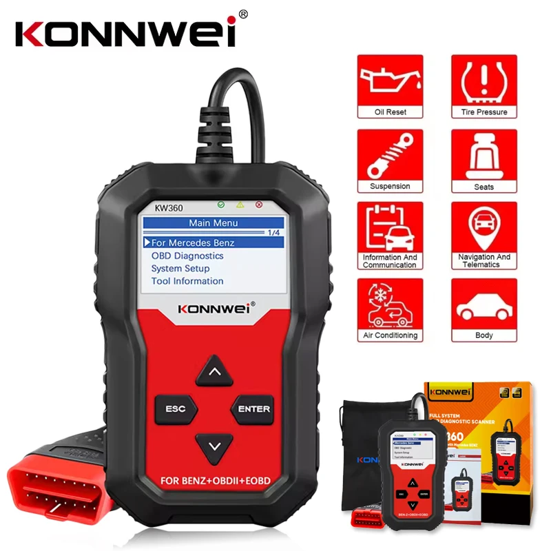KONNWEI KW360 OBD2 Scanner For Ben Mercedes Full System Diagnostic Tool For C300 W204 W205 W211 ABS Airbag Oil Reset Code Reader