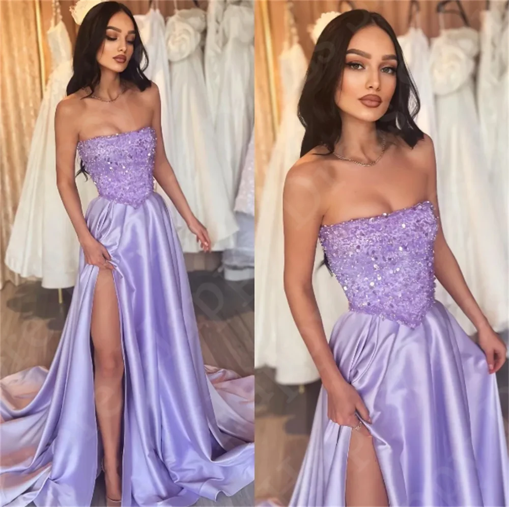 Vestido de festa roxo sem alças feminino, lantejoulas brilhantes, vestido de noite formal, split lateral alto sexy, linha A, cetim até o chão, mulheres