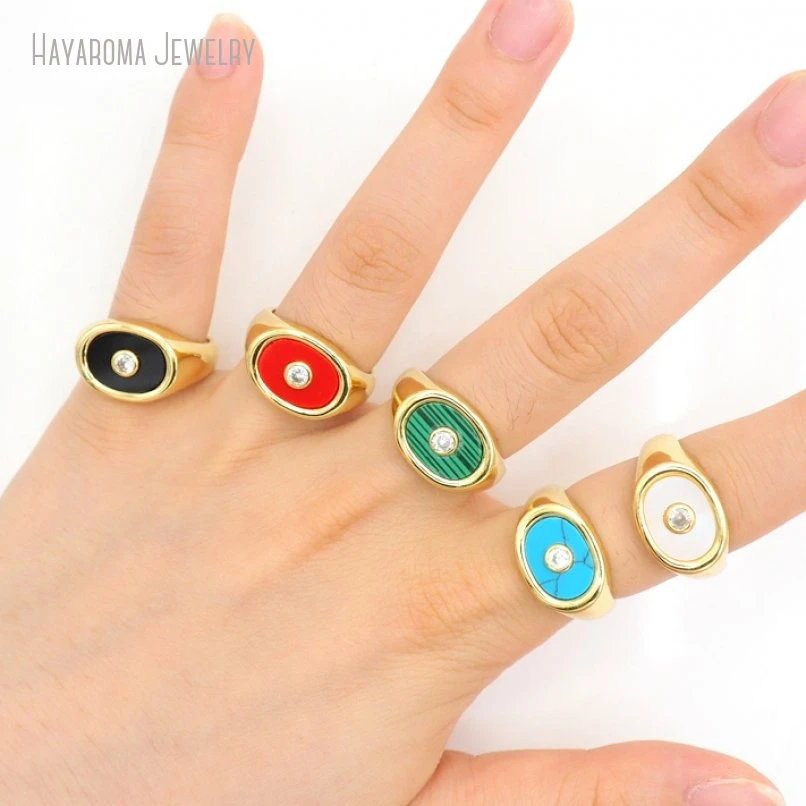 20Pcs Black Red Semi-precious Stone Agates Onyx Metal Glass White Shell Gold Color Geometric Oval Wholesale Ring RM50750