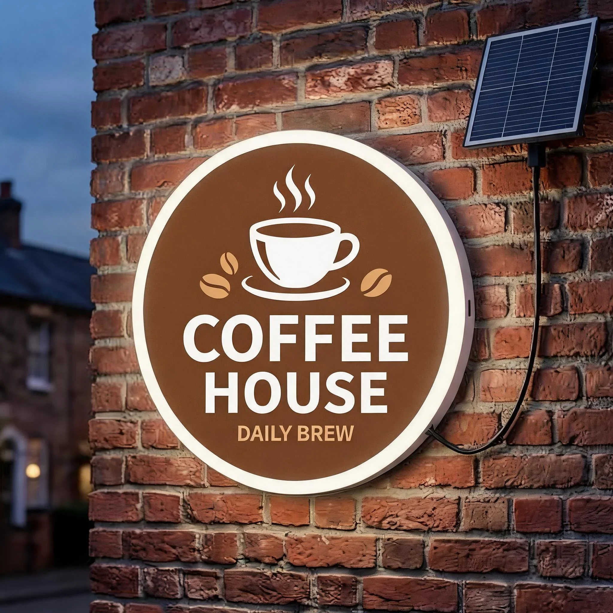 Custom Solar Powered Round Light Box Sign Waterproof Outdoor Wall Mount LED Advertising Signage for Bar Shop Coffee Shop