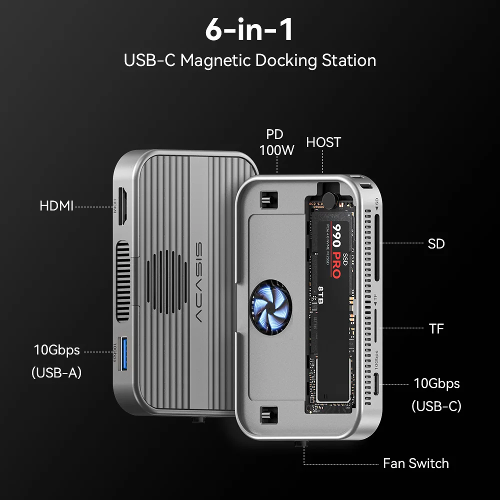 ACASIS M.2 NVMe SSD-Gehäuse Magnetische USB-C-Dockingstation 10 Gbit/s mit Lüfter für iPhone 17/16/15 Pro 2230/42/80 NVMe SSD – Detail 3