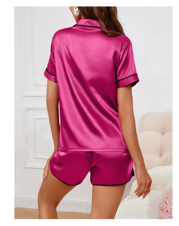 Luxus Satin Seide Damen Pyjama Set Kurzarm Nachtwäsche Freizeit Home Kleidung Nachtwäsche Bequeme Pyjamas für Frauen Pj Set – Detail 13