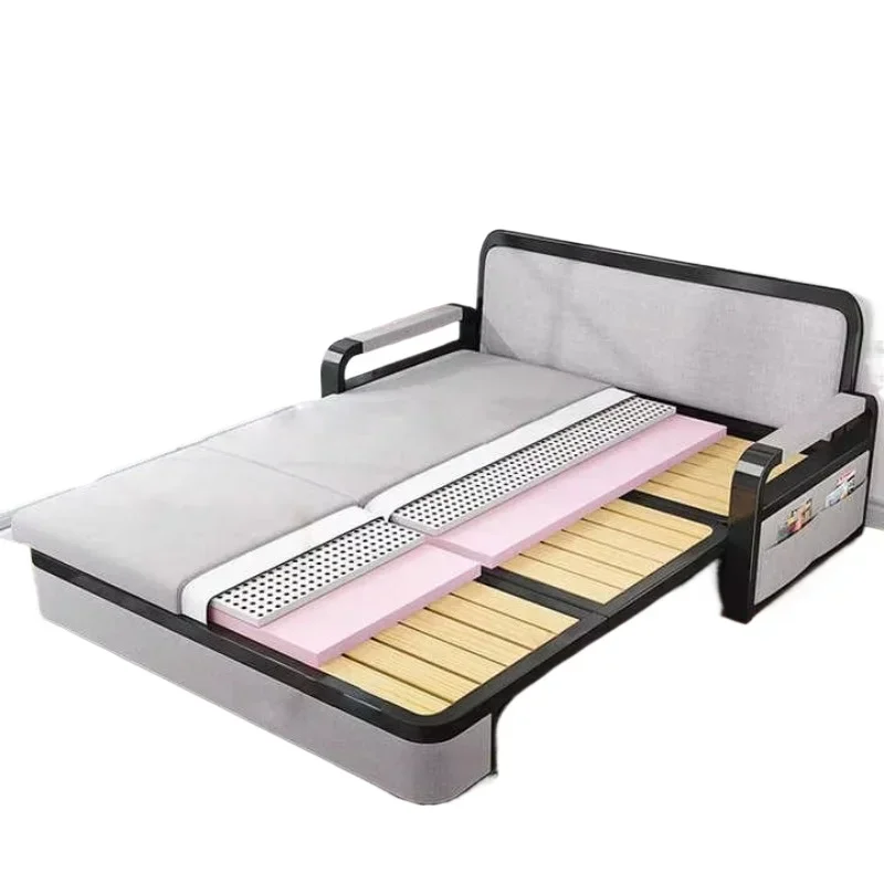 Living room dual-purpose retractable fabric sofa bed foldable multi-functional solid wood combination single bed set
