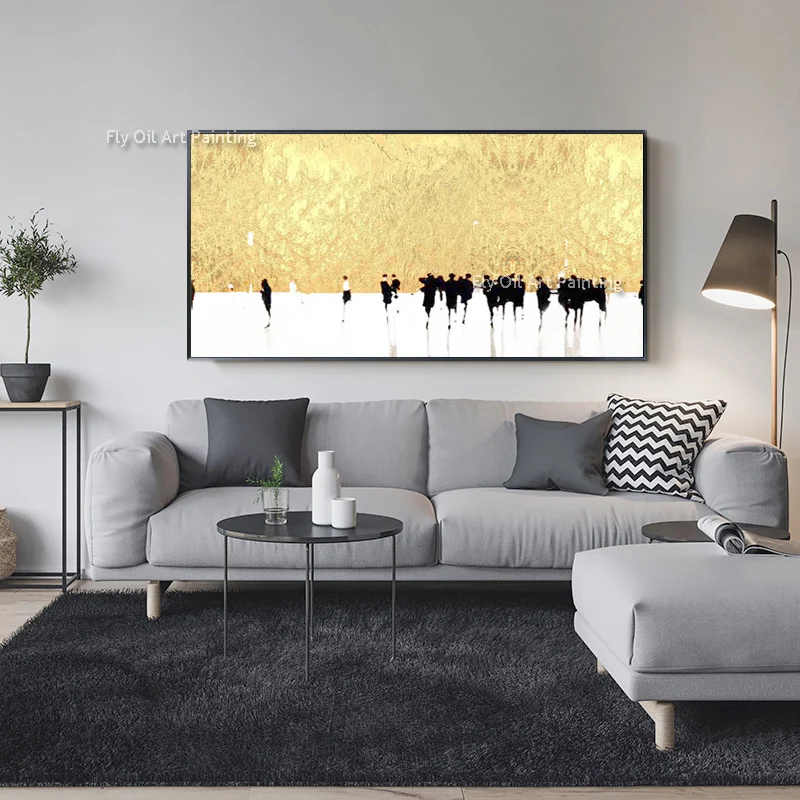 Modern Minimalist Abstract Oil Painting Hand Painted Gold Foil Texture Artwork Wall Decor for Living Room Large Canvas Art