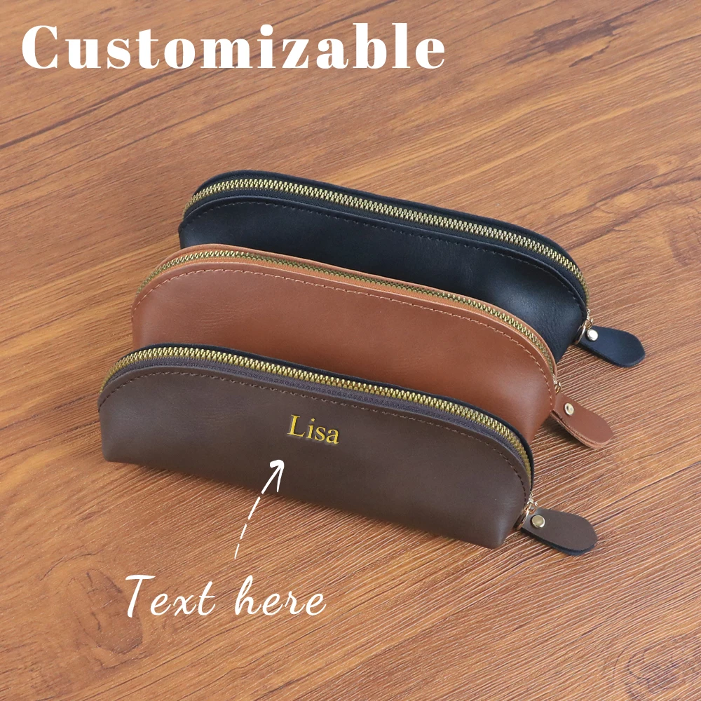 Customized Name 'Wild Horse' Cowhide Texture Handmade Pen Bag for Men and Women, Stationery Case, Pen Storage with Zipper