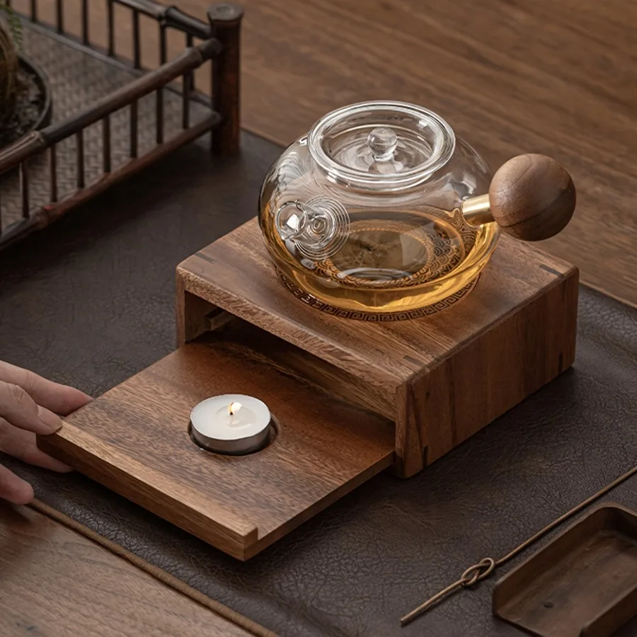 

Wooden Teapot Insulation Rack Portable Outdoor Samovar Tea Lamp Heating Base Restaurant Coffee Shop Carve Tea Burner Gift