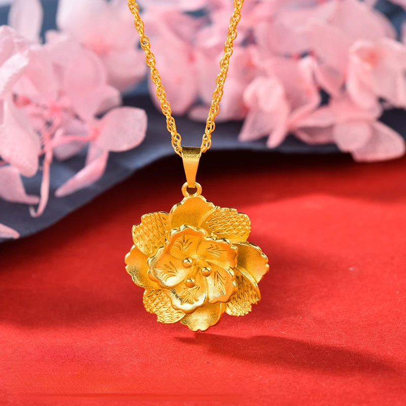 Real 18K Gold Color Peony Flower Pendant Necklace Solid 999 Water Wave Chain for Women Bride Daily Use Fine Jewelry Gifts