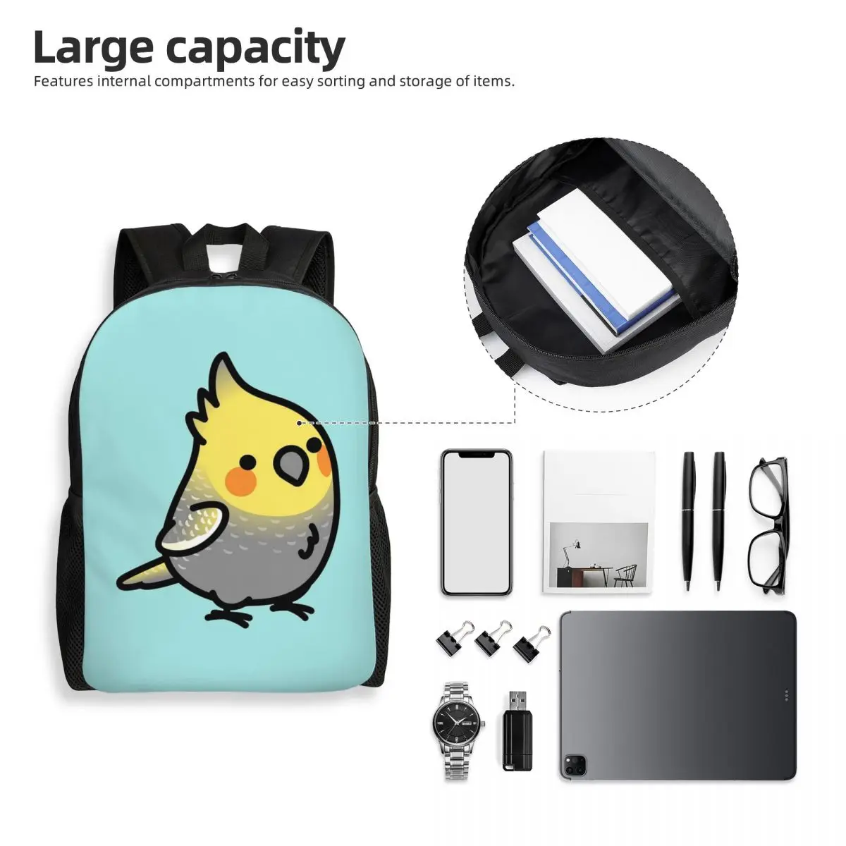 Chubby Pearl Cockatiel Backpack Student Boys Girls BookBag School Bag Laptop Shoulder Bags