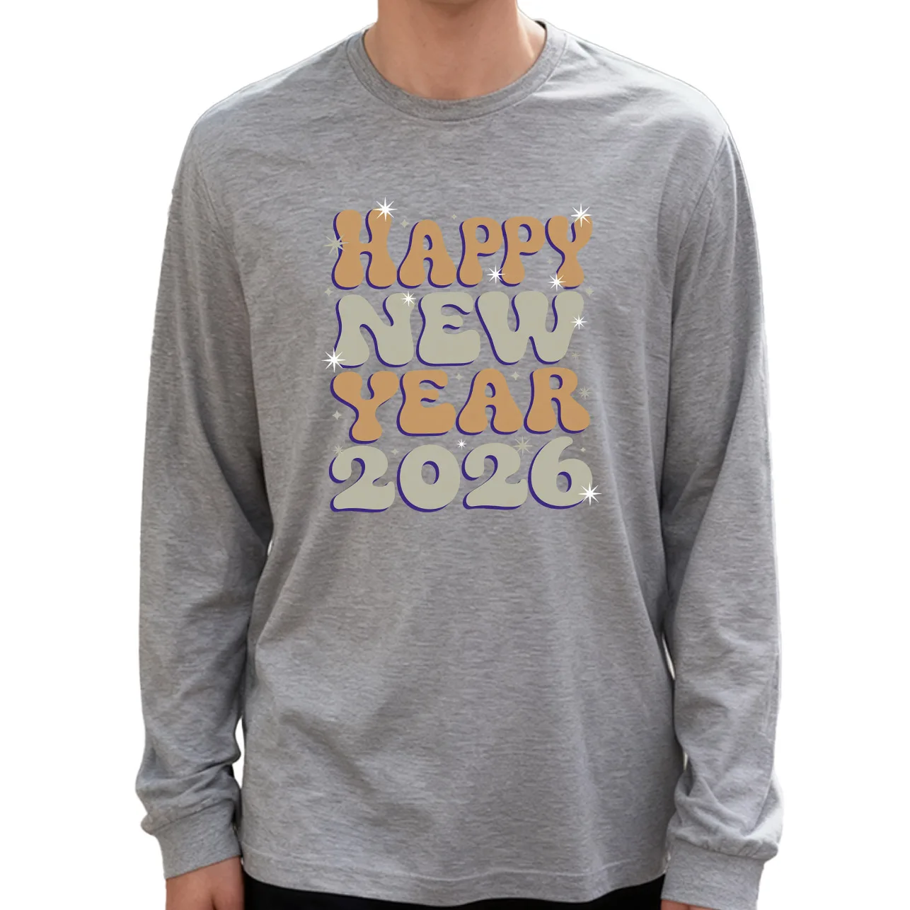 Hello New Year 2026 Herren-Langarm-T-Shirt, 100 % Baumwolle, 180 g, Rundhalsausschnitt, lässiger Alltagsstil, weich und atmungsaktiv