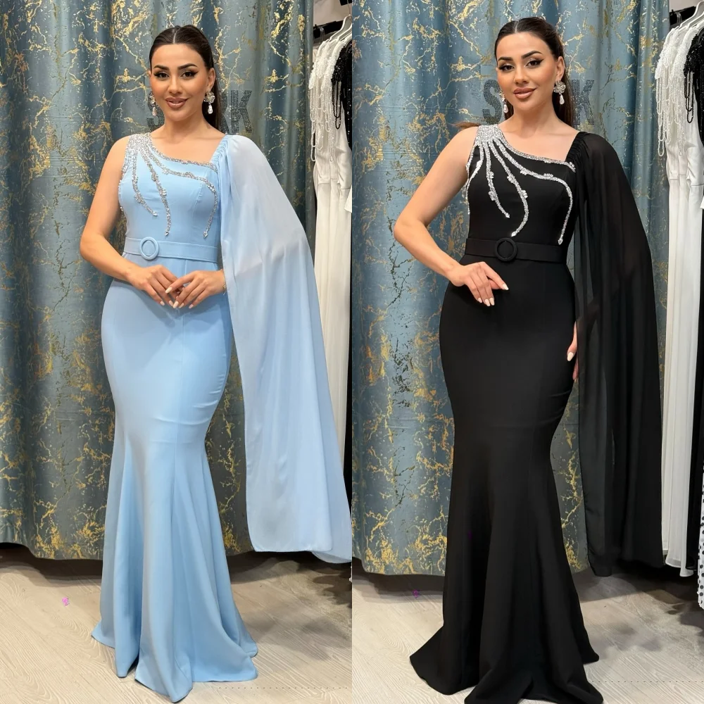 

Customized Modern Style Sparkle Jersey Rhinestone Sash Beading Mermaid One-shoulder Long Dresses Bespoke Occasion Dresses Formal