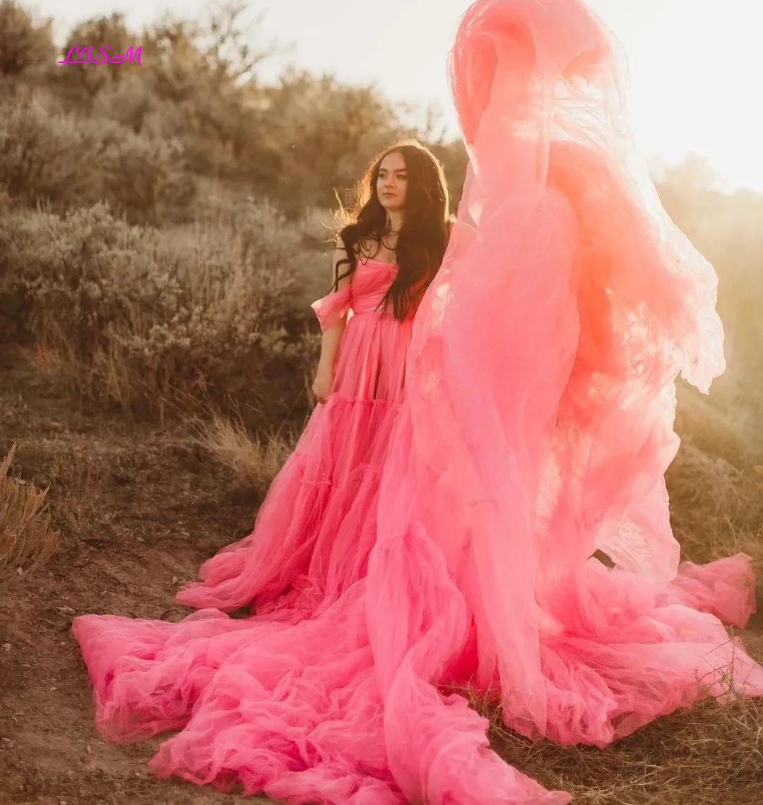 Vestido de graduación Rosa sandía encantador, vestido de maternidad de tul con hombros descubiertos, tren largo para sesión de fotos, vestidos de fiesta de noche elegantes