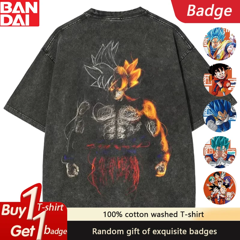 

Dragon Ball Goku Anime Wash Double Sided Printed T-shirt Summer New Men's and Women's Large Loose Casual Short Sleeve Top