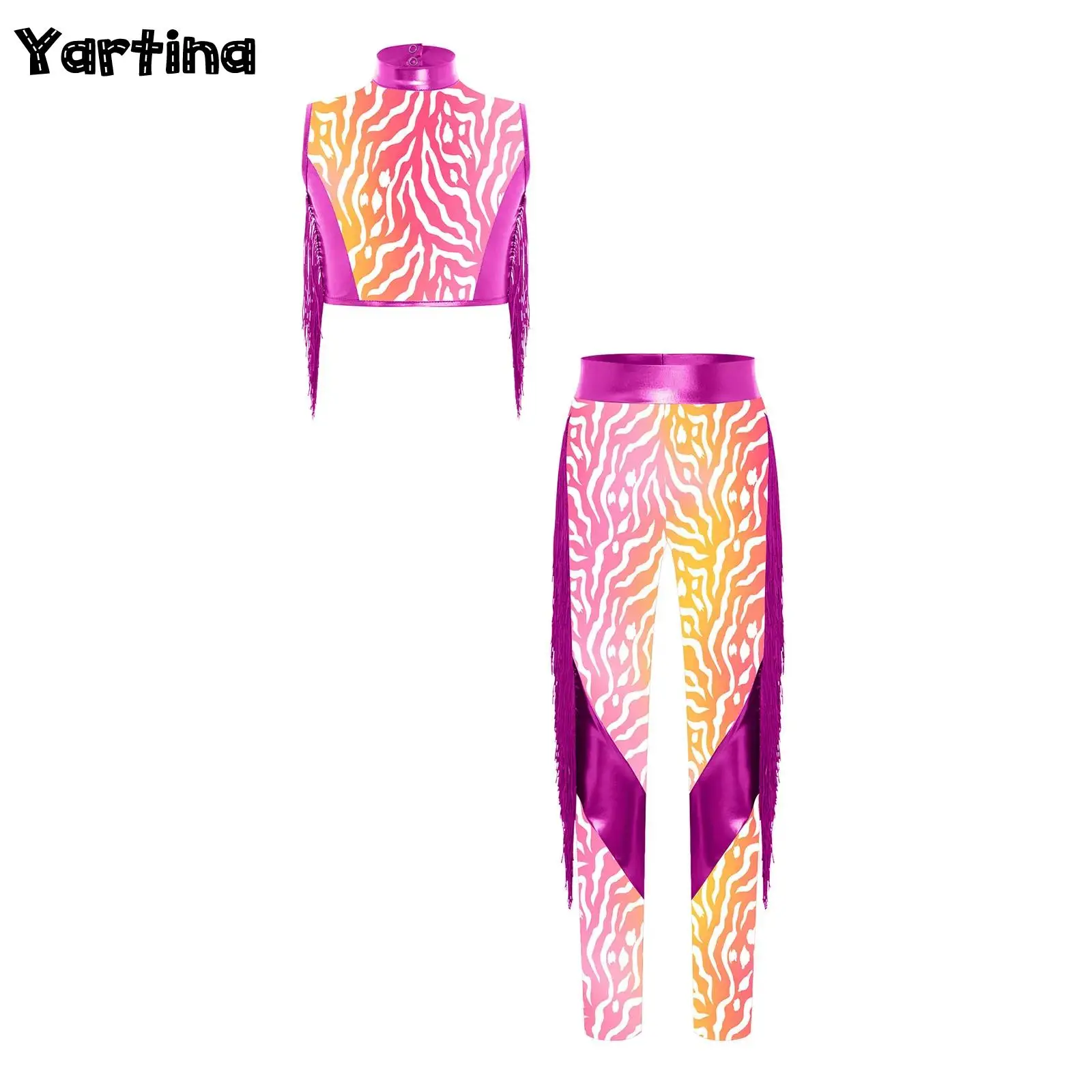 キッズガールズヒップホップジャズダンスパフォーマンスフィギュアスケートコスチュームメタリックタッセルダンス衣装キーホールバッククロップトップとレギンス