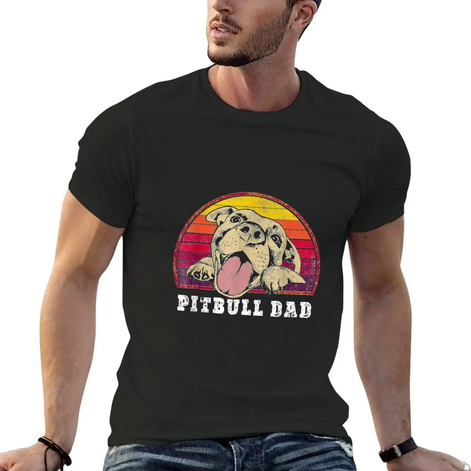 Mens Pitbull Dad Smiling Pittie on Vintage Sunset Pitbull Dad TShirt3 T-shirt funnys vintage designer t shirt men