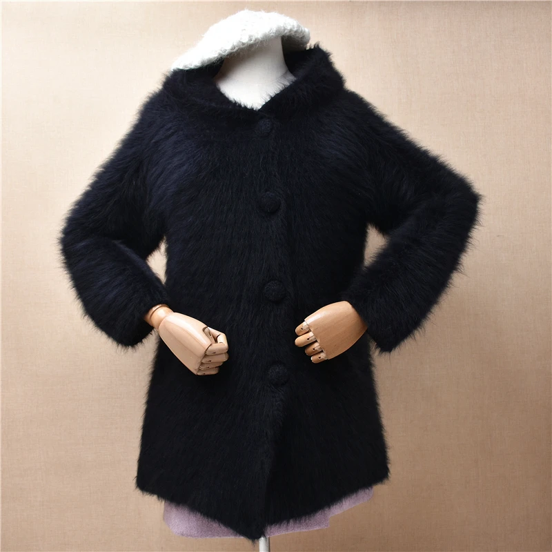 

Female Women Fall Winter Thick Warm Black Hairy Mink Cashmere Knitted Hooded Slim Cardigans Angora Fur Jacket Sweater Coat Pull