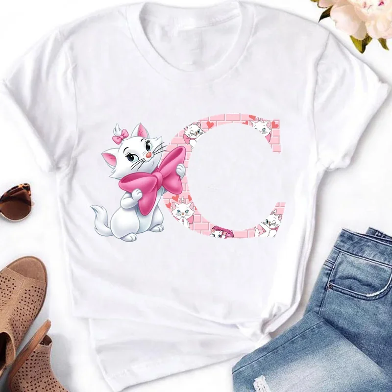 Marie Cat A-Z English Letters Short Sleeve Summer Women The Aristocats Print T Shirt Female Casual Top Tshirts Cartoon T-Shirt