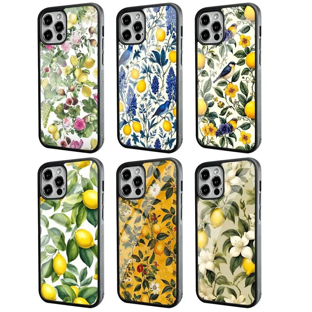 

Flower Leaves Lemon Phone Case Black Hard Plastic Phone Case For Iphone 17 Air 16 15 14 13 12 11 Pro Max PC TPU Ins Case