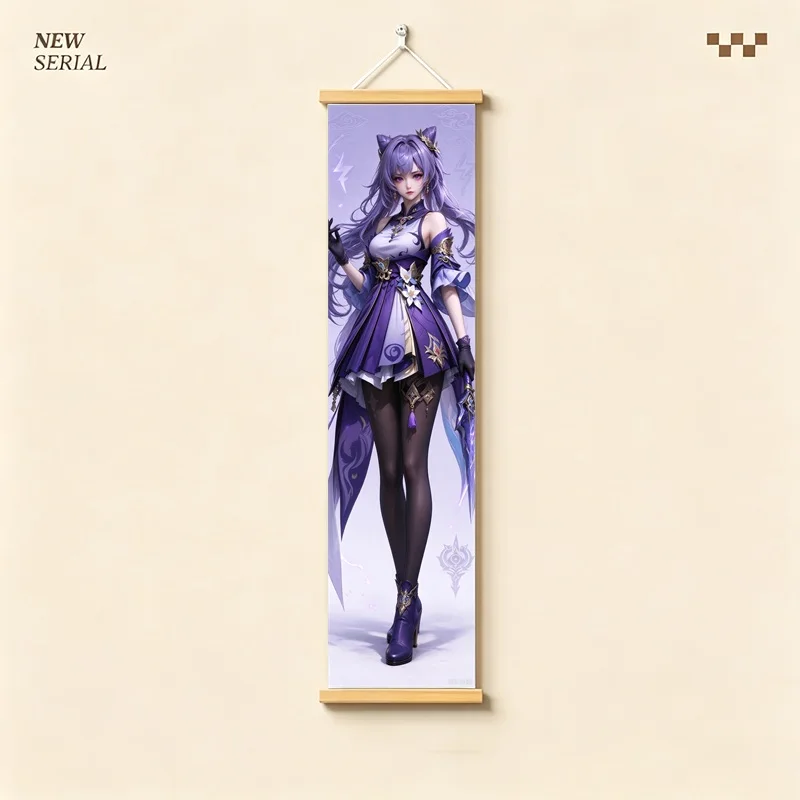 Hanging Scroll Wall Art of Genshin Impact Keqing with Violet Lightning on Silver Shimmer Canvas for an Anime Bedroom