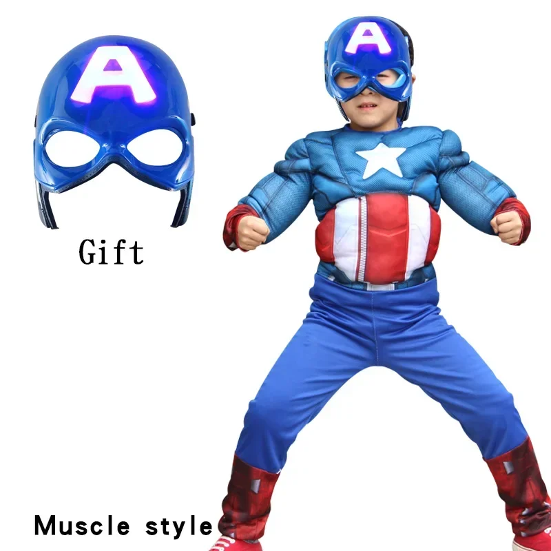 Film Superhero Muscle Kids Captain America Costume Boy Girl Cosplay con maschera di illuminazione regalo per la festa di compleanno